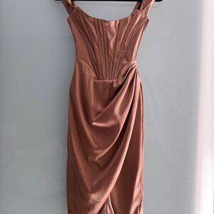 XS Golden Satin Corset Midi Dress